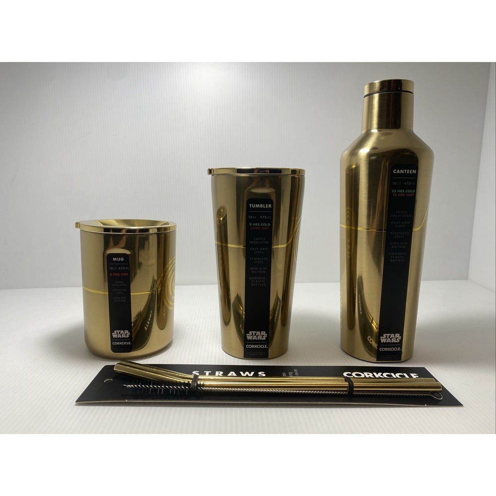 New Star Wars Corkcicle Gold Ultimate Bundle Mug + Tumbeler +‎ Canteen + Straws
